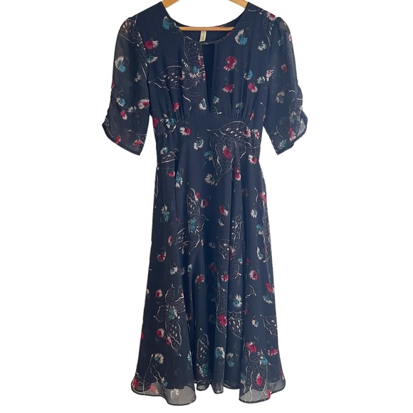 Free People Navy Blue Floral Short Sleeve Midi Dress Size 6 - Picture 1 of 5